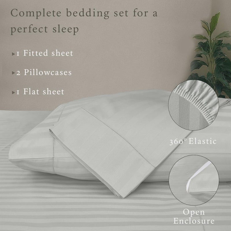 Threadmill 500 Thread Count Queen Size Damask Stripe, 4 Pc Luxury Cotton Bedding Set, Breathable Light Grey Sheets with 16" Elasticized Deep Pocket, 2 Pillowcases & Free Tote Bag - Image 3